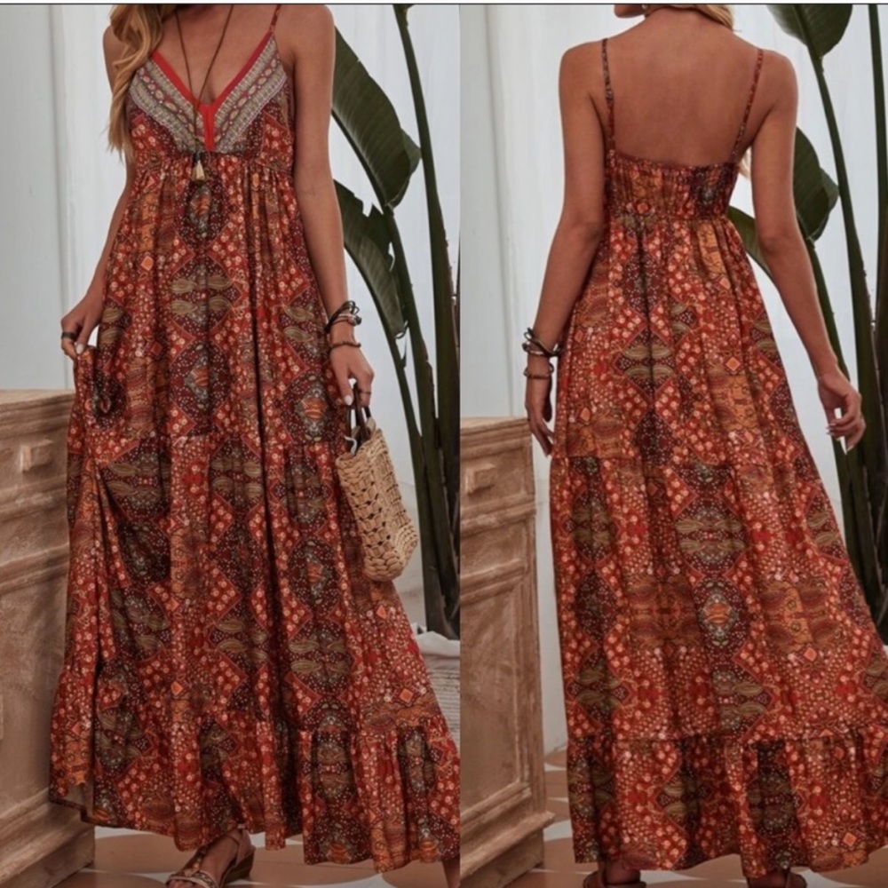Kara and Kate Burnt Orange and Olive Boho Spaghetti-Strap Maxi Dress - Picture 2 of 5